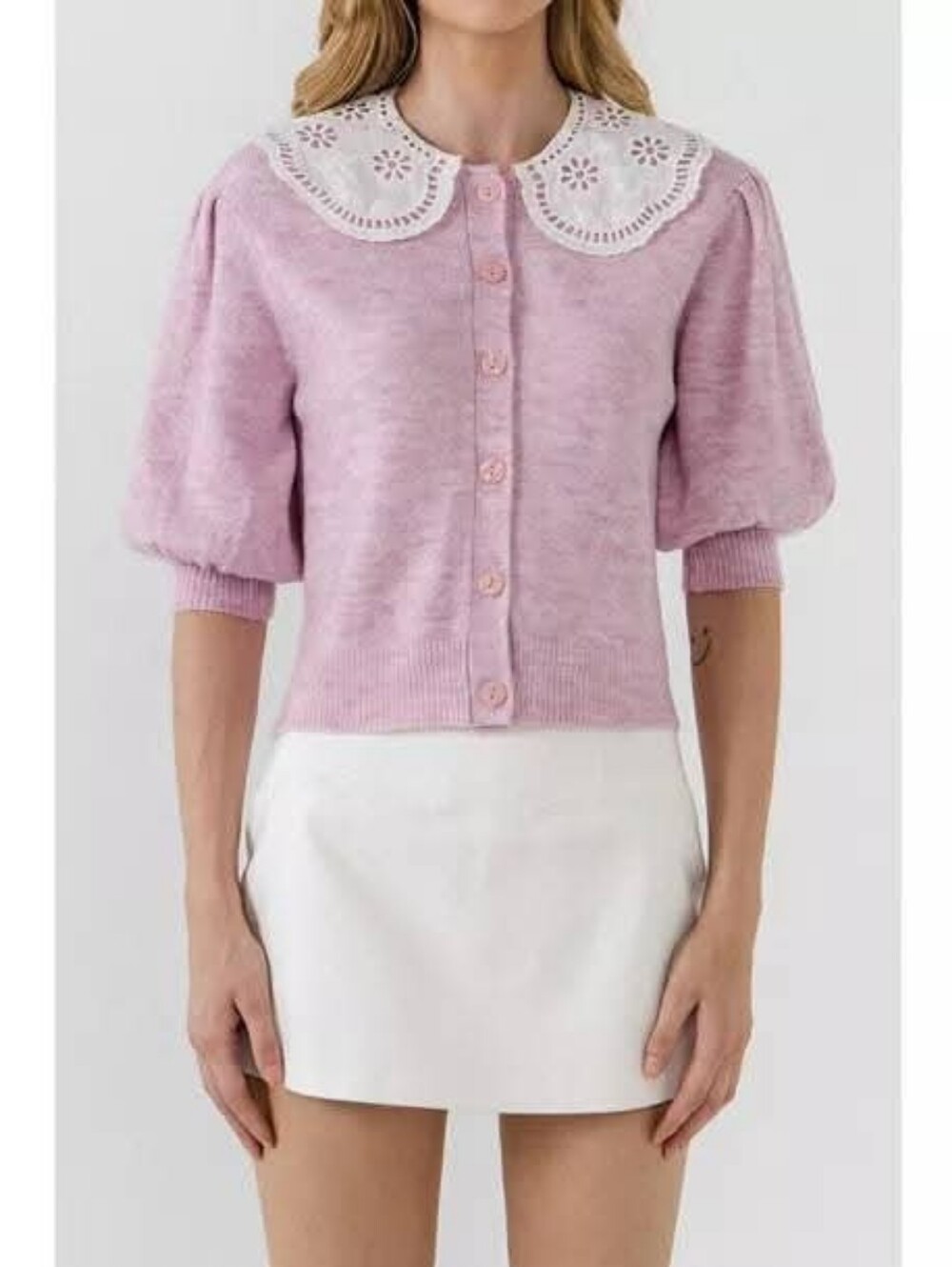 Anthropologie English Factory Puff Sleeve Peter Pan Collar Cardigan Pink Size M - Picture 8 of 9
